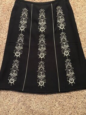 LOFT Black A-Line Skirt with Cream Raised Embroidered Detailing